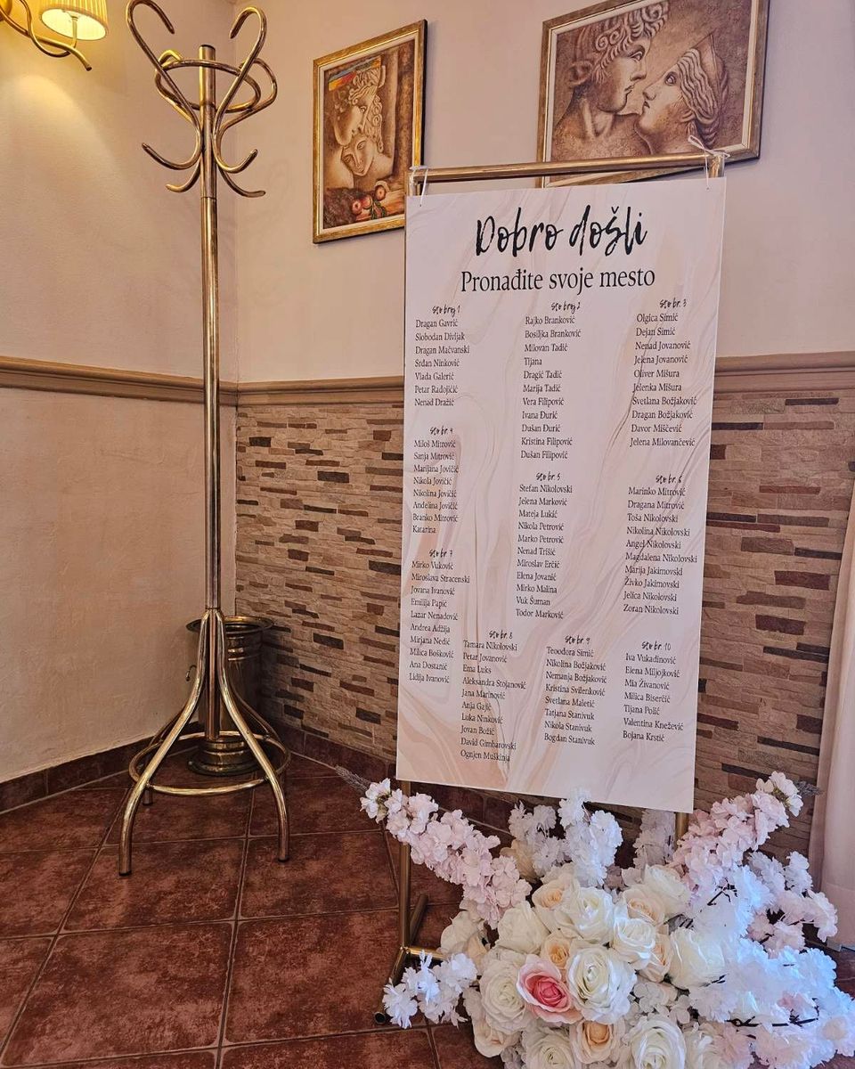 Tabla Dobro došli sa rasporedom sedenja na zlatnom stalku i belim i roze cvećem