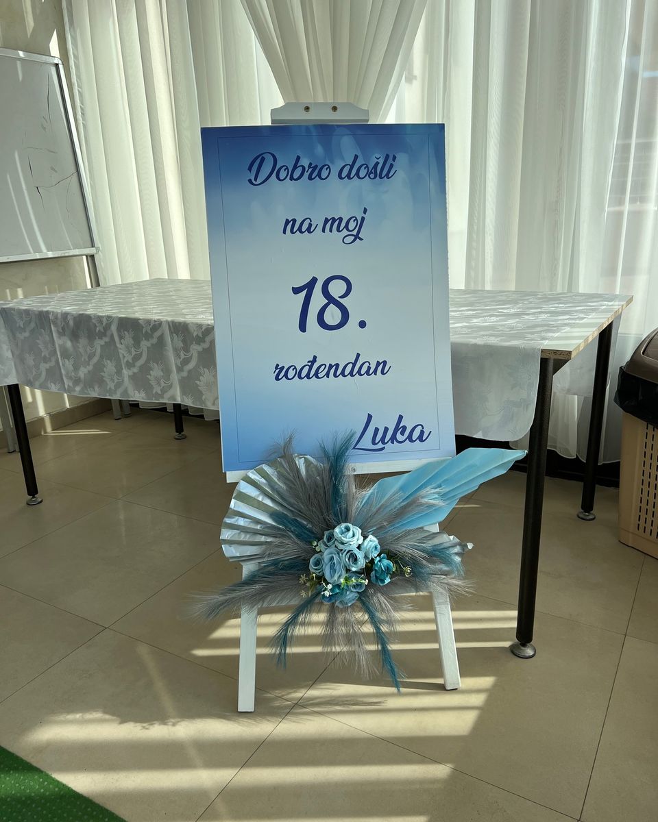 Plava tabla za 18. rođendan sa plavim cvećem i listovima palme na stalku